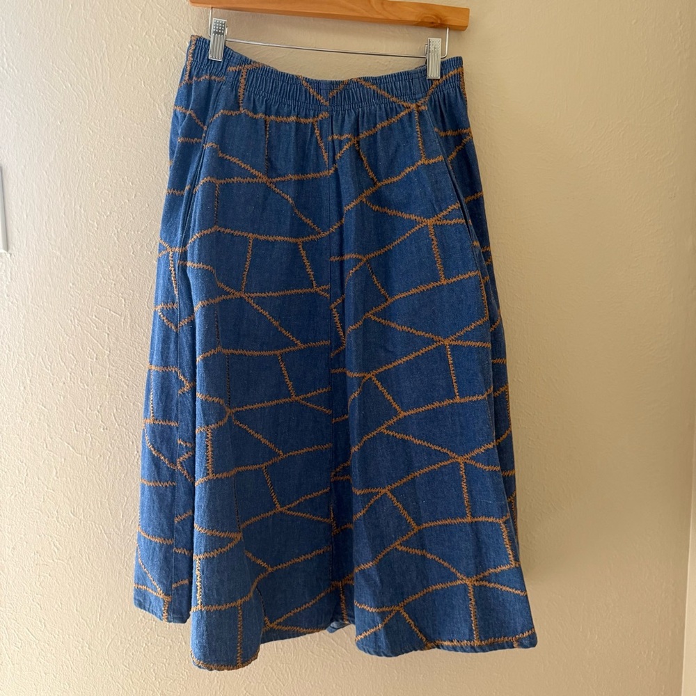 Vintage Starfire Denim Skirt Geometric Pattern Stitching with Belt